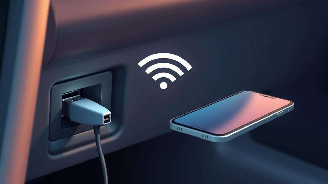 Ilustração de adaptador USB sem fio para Android Auto conectado a painel de carro.