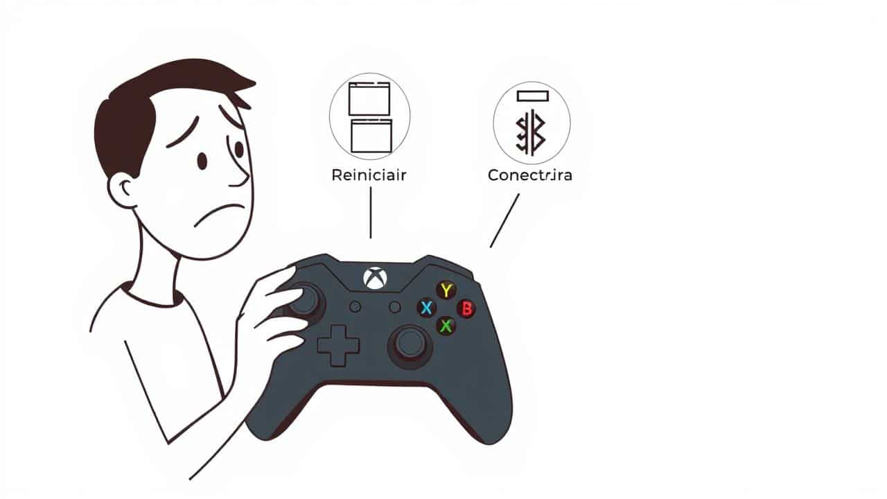 Ilustração de pessoa resolvendo problema de conexão com controle Xbox e TV, com ícones de solução.