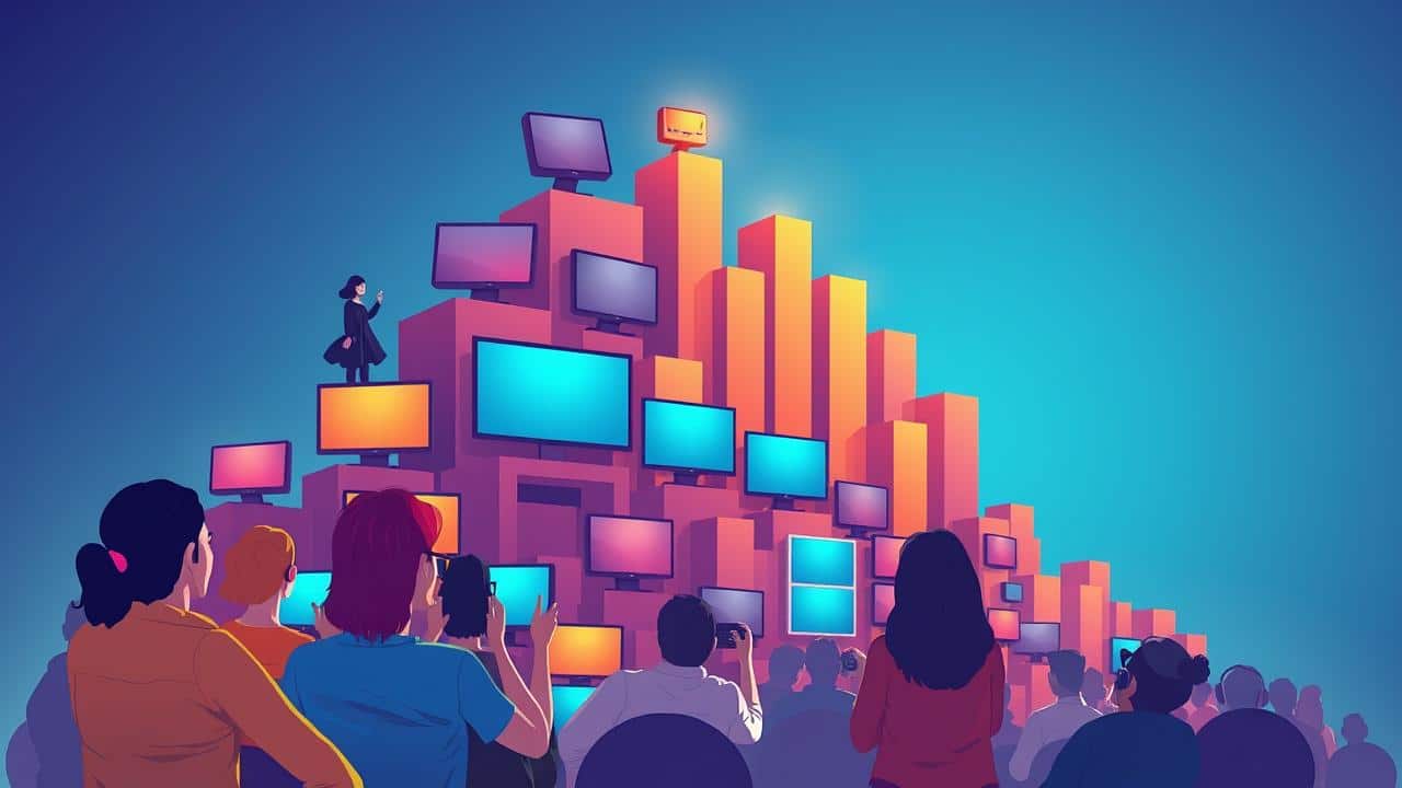 Ilustração de pessoas assistindo e uma montanha de ícones de streaming, representando o alto engajamento em conteúdos baseados em fatos.