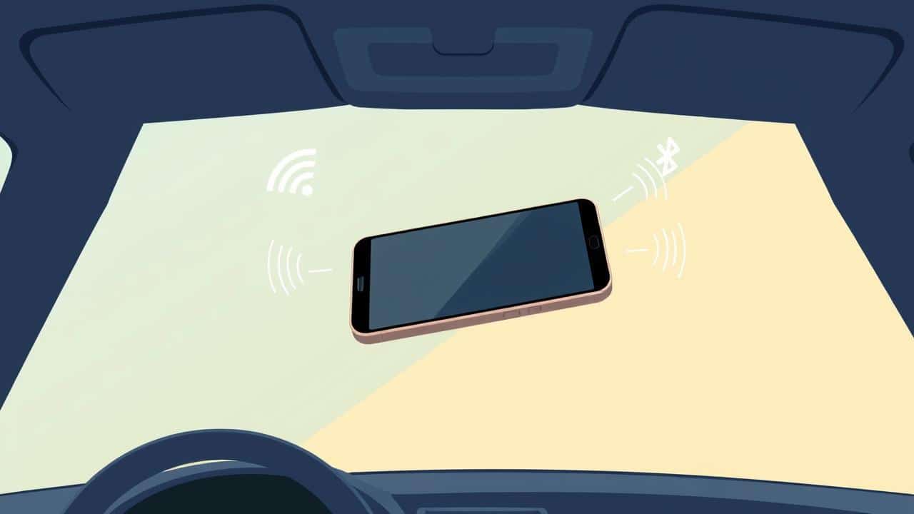 Ilustração de smartphone e painel de carro conectados por ícones de Wi-Fi e Bluetooth.