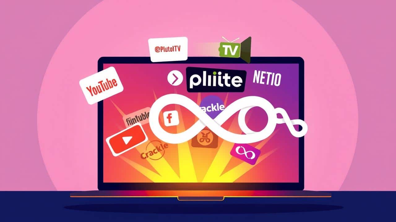 Ícones de plataformas de streaming gratuito como YouTube e Pluto TV em tela de notebook.
