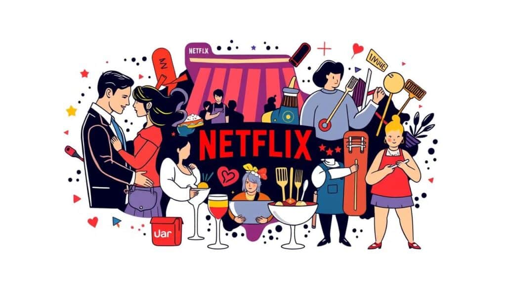 Ilustração em colagem digital mostrando a diversidade de reality shows da Netflix: namoro, competição, gastronomia e estilo de vida.