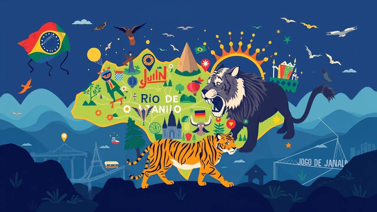 Ilustração flat de elementos do Rio de Janeiro, carnaval e Jogo do Bicho, representando sua complexidade cultural.