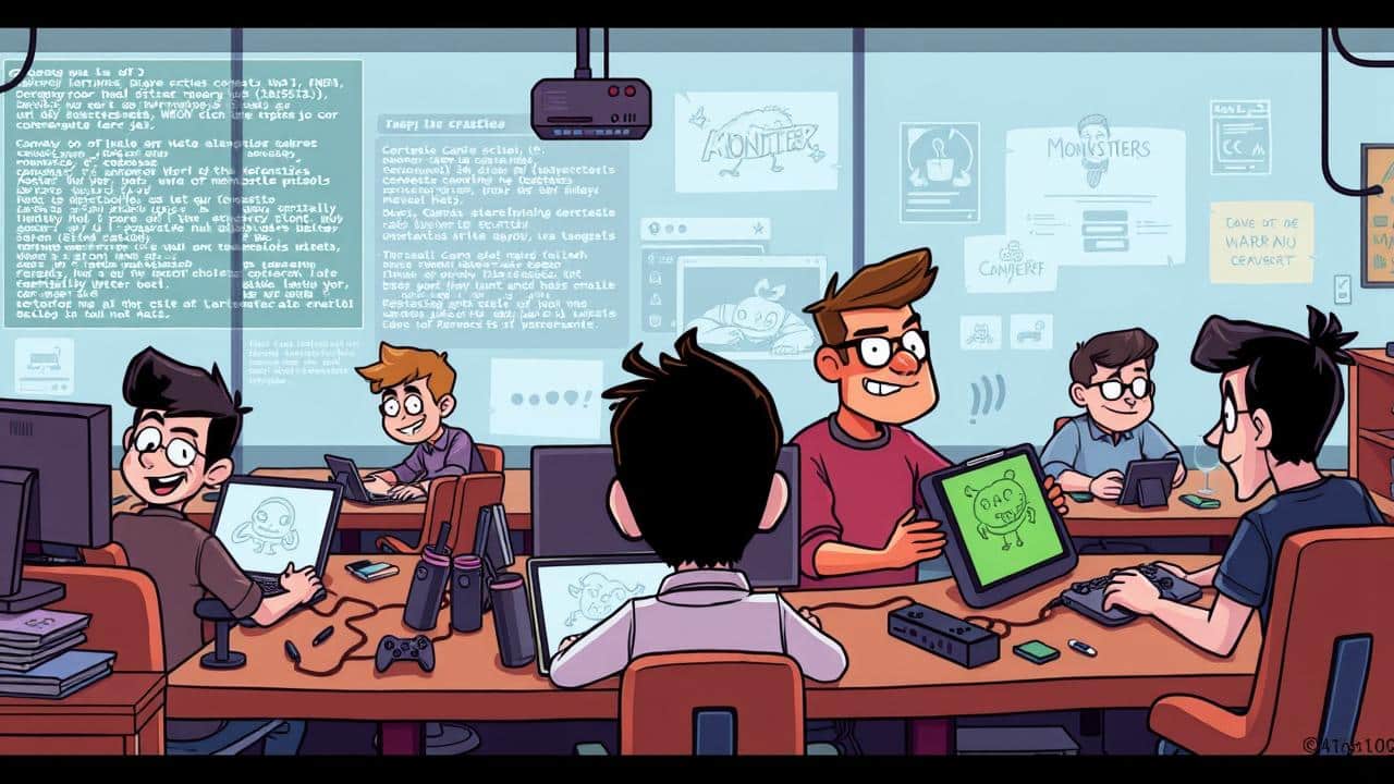 Ilustração de um estúdio caótico de desenvolvimento de videogames, representando a série Mythic Quest.