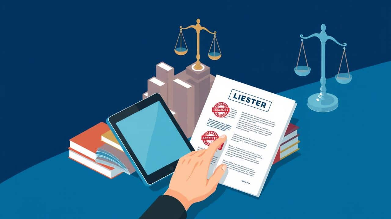 Imagem conceitual isométrica de verificação de fatos com fontes confiáveis e elementos regulatórios.