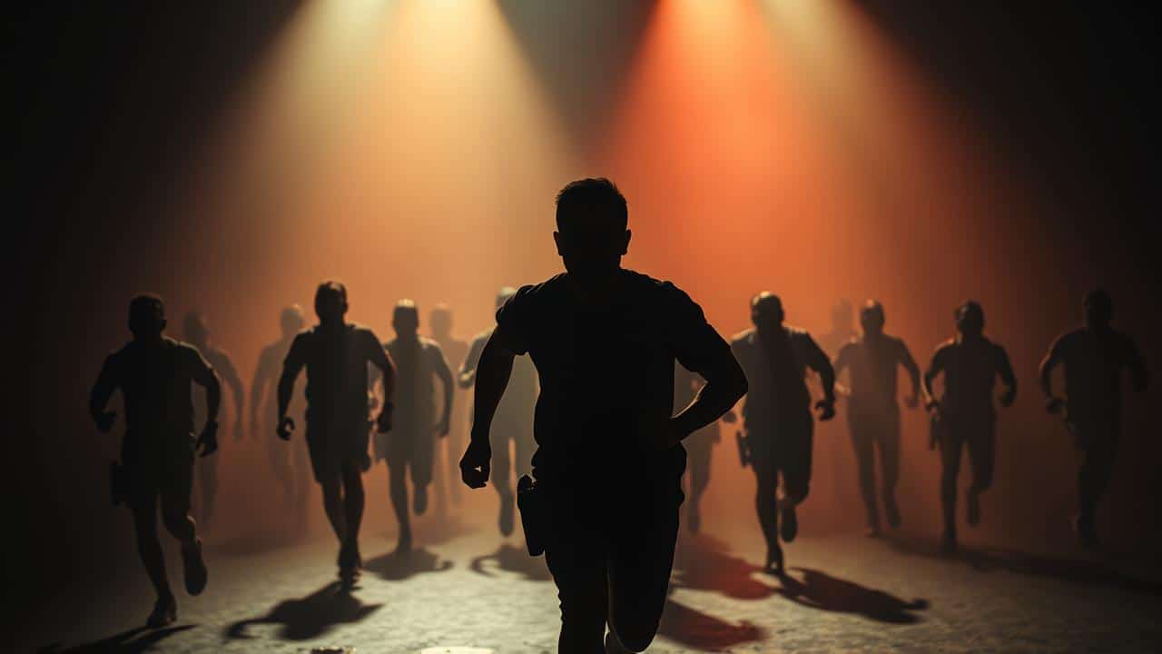 Imagem dramática e intensa de silhuetas em uma competição de alto risco, representando suspense e desafios em reality shows.