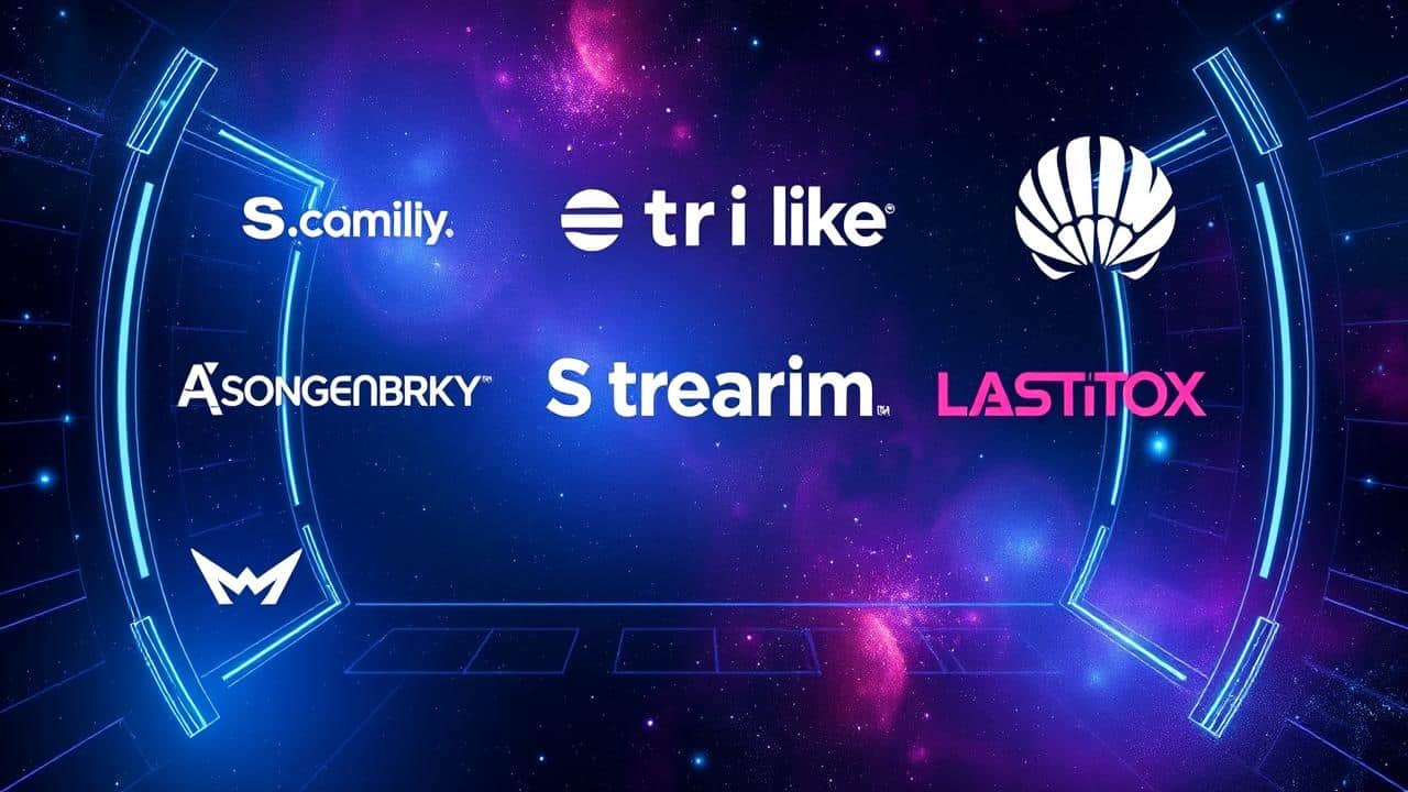Logotipos de serviços de streaming como Netflix e Prime Video em fundo cósmico.