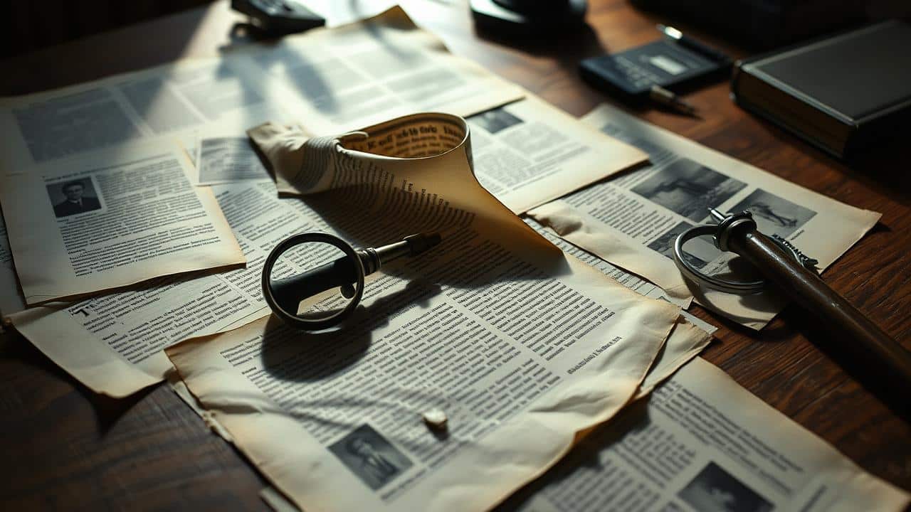 Lupa sobre documentos antigos e fotos borradas, sugerindo investigação de crime.