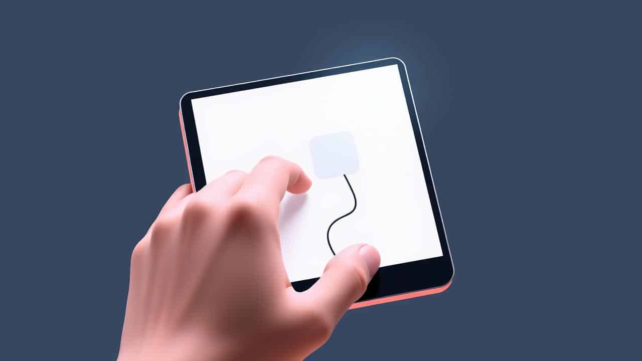 Mão segurando um tablet com um labirinto se transformando em um caminho claro para um ícone de play.