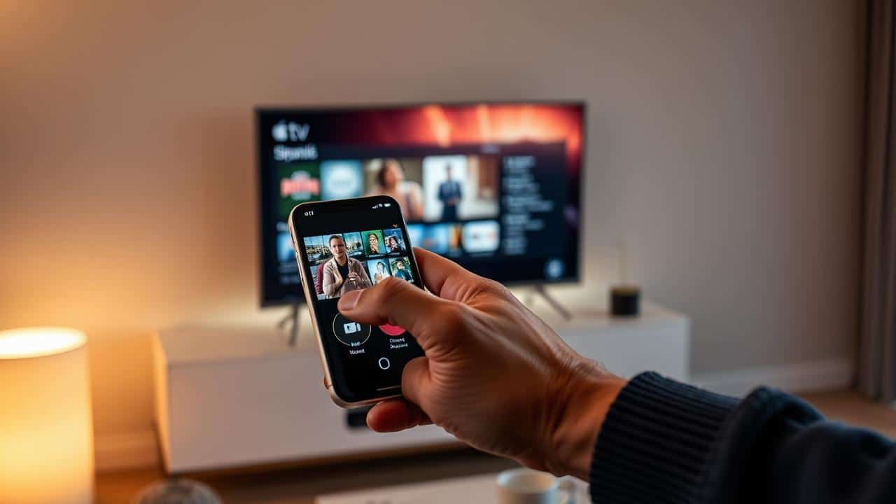 Mão usando um iPhone como controle remoto da Apple TV.
