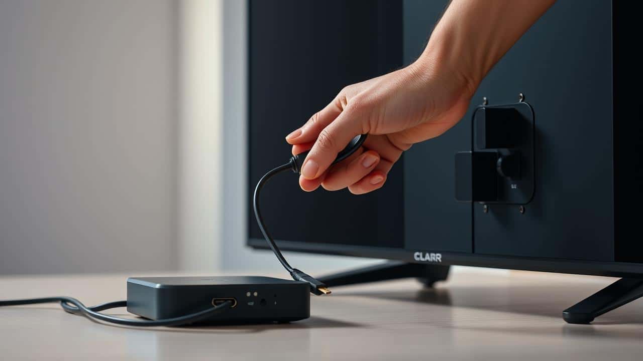 Mãos conectando os cabos HDMI e de energia a um aparelho Claro Box TV.