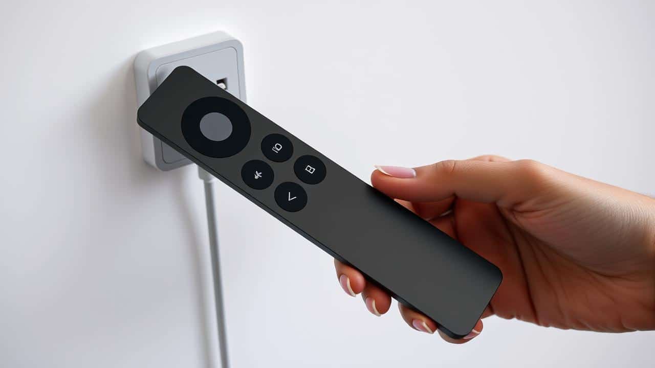 Mãos conectando um Siri Remote da Apple TV a um cabo Lightning USB-C para carregar a bateria.