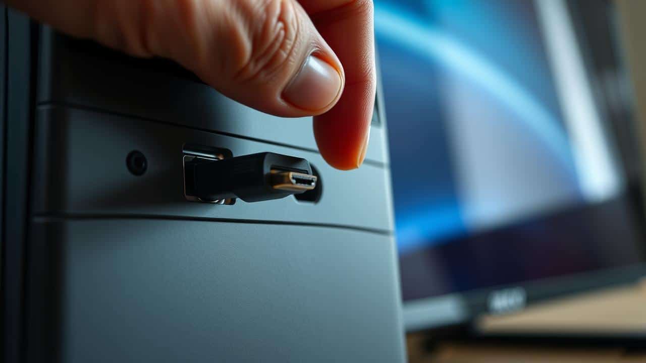 Mãos conectando um cabo HDMI em um Xbox 360.