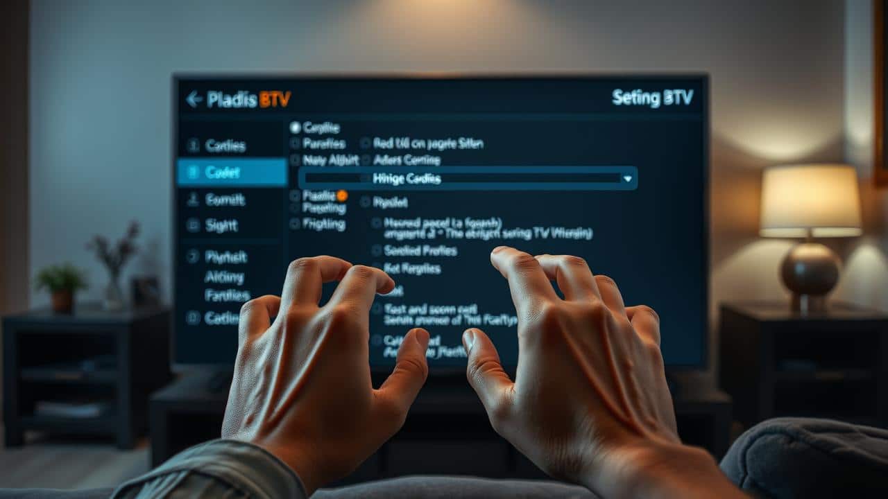 Mãos digitando um código de recarga em uma TV Box BTV.