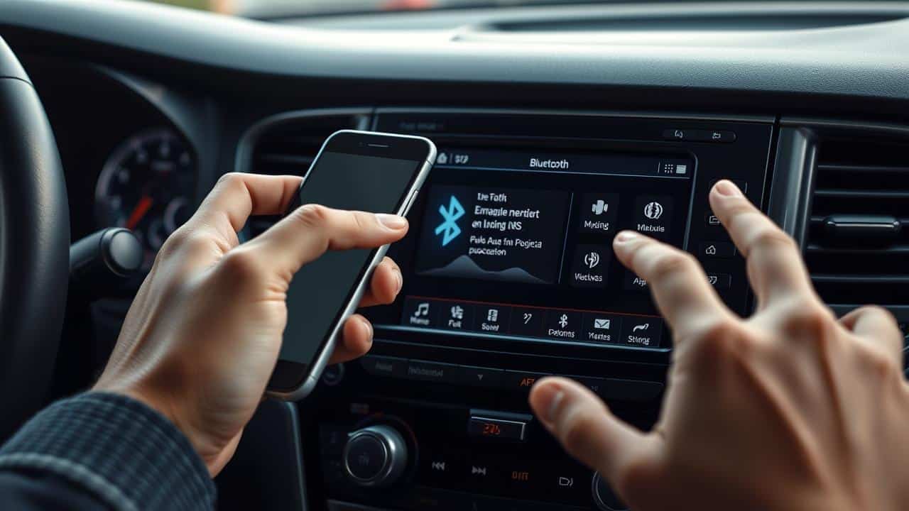 Mãos emparelhando um smartphone com a tela do carro durante a configuração do Android Auto sem fio.