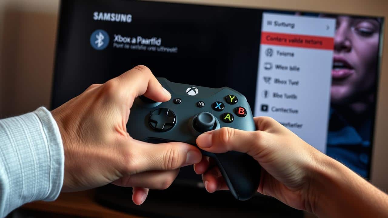 Mãos pareando controle Xbox com TV Samsung via botão Bluetooth.