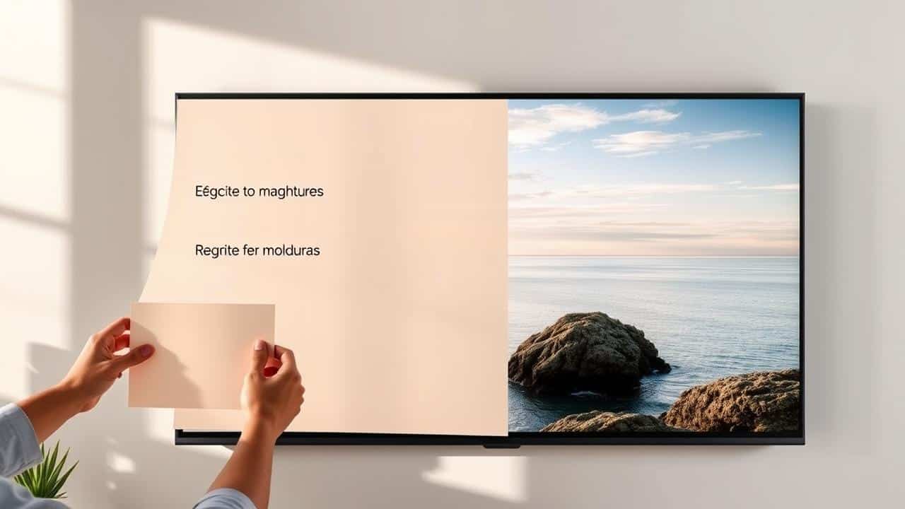 Mãos trocando moldura personalizável de uma TV Samsung The Frame.