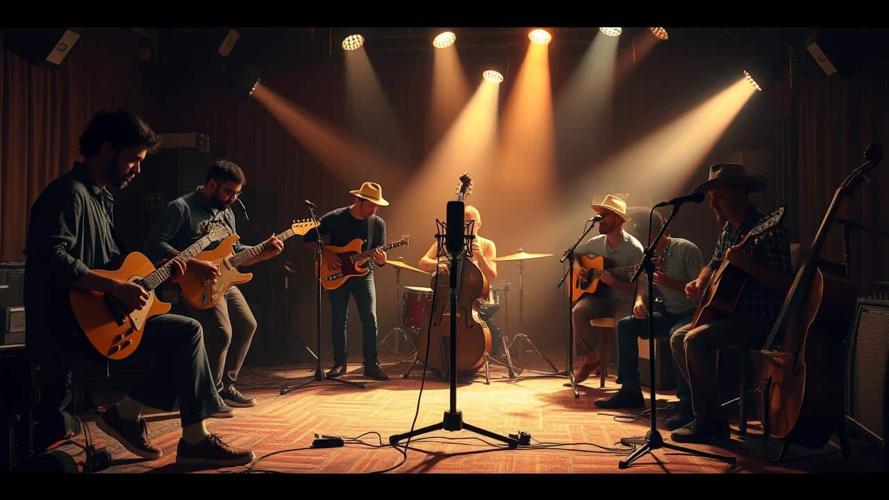 Músicos diversos colaborando em um estúdio de gravação com iluminação dramática.