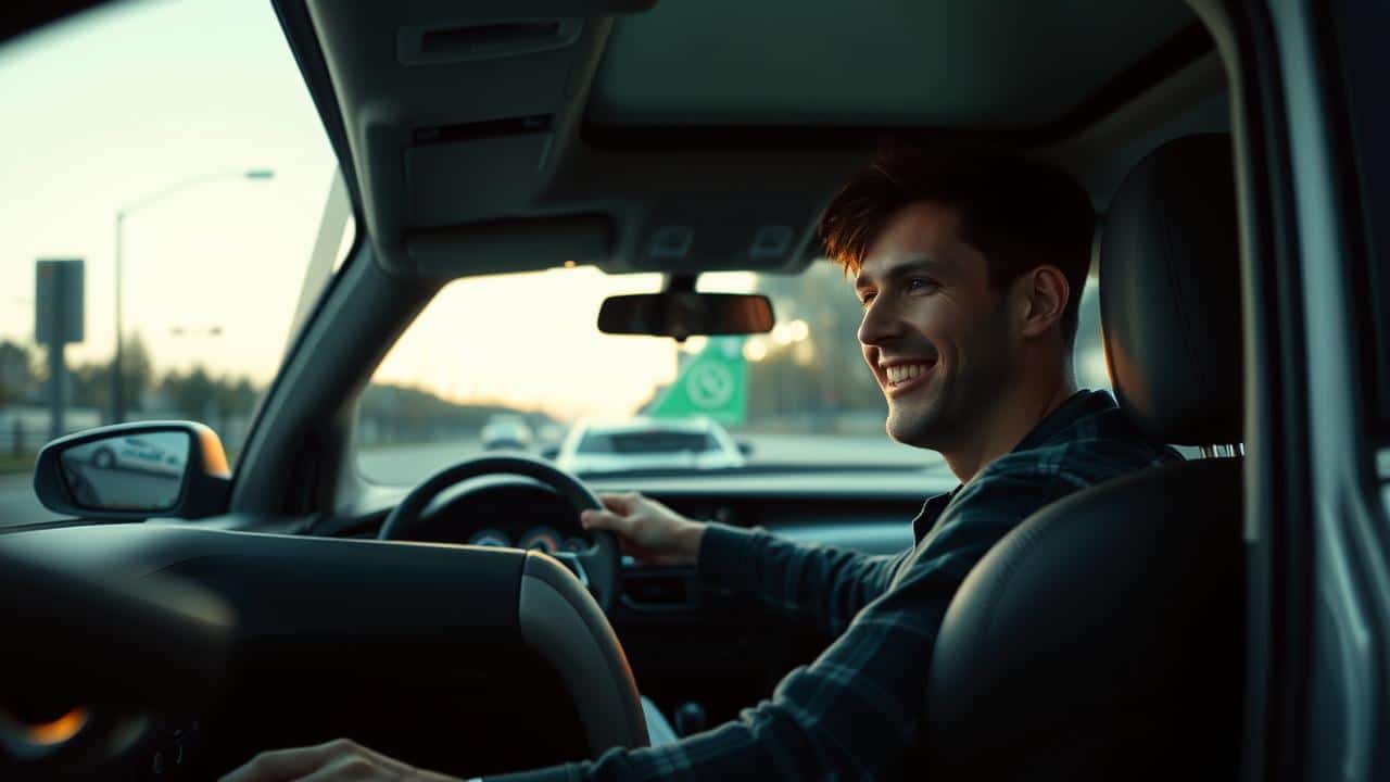 Motorista sorrindo com Android Auto sem fio ativado no painel do carro.