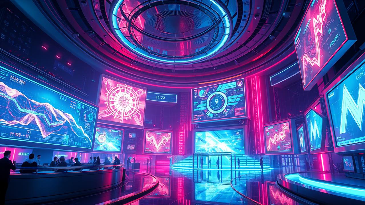 Paisagem futurista com telas holográficas mostrando informações e linhas de dados, simbolizando a transparência e evolução do streaming.