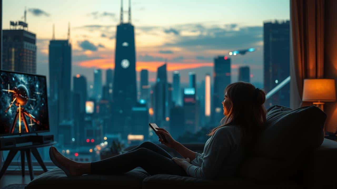 Pessoa assistindo filme de ficção científica em casa em uma cidade futurista.