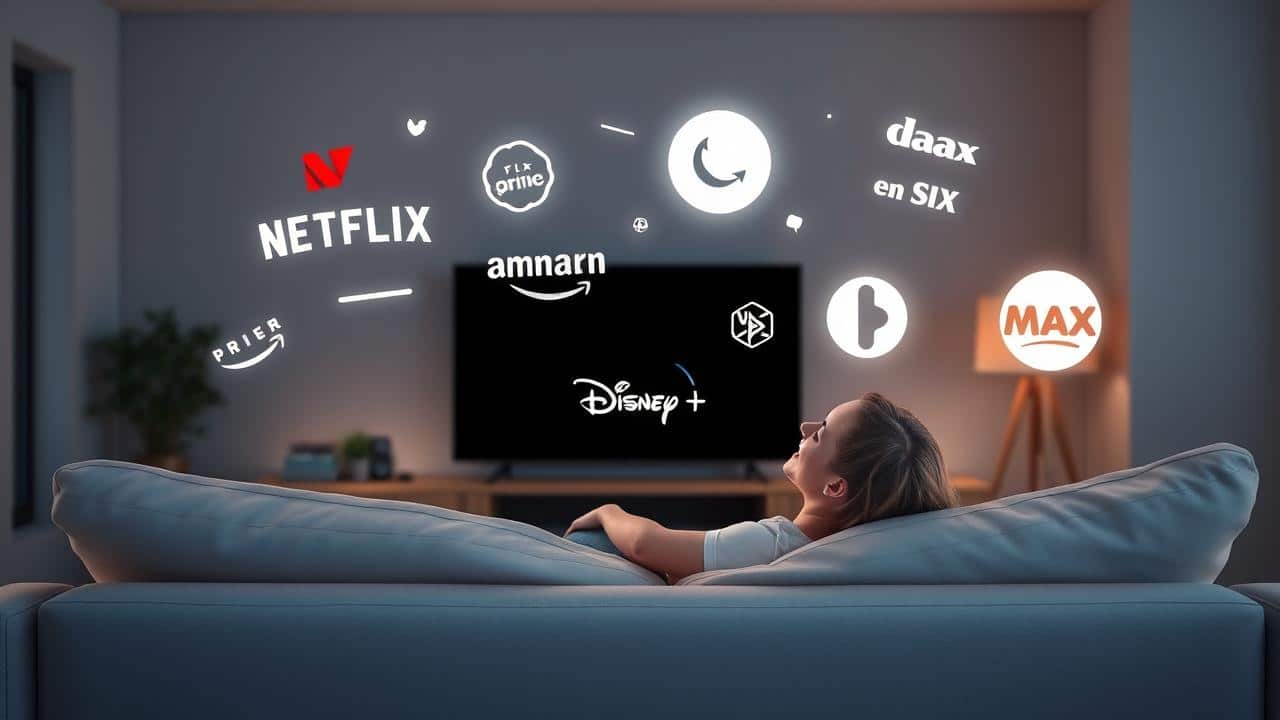 Pessoa assistindo TV cercada por logos de serviços de streaming legais.