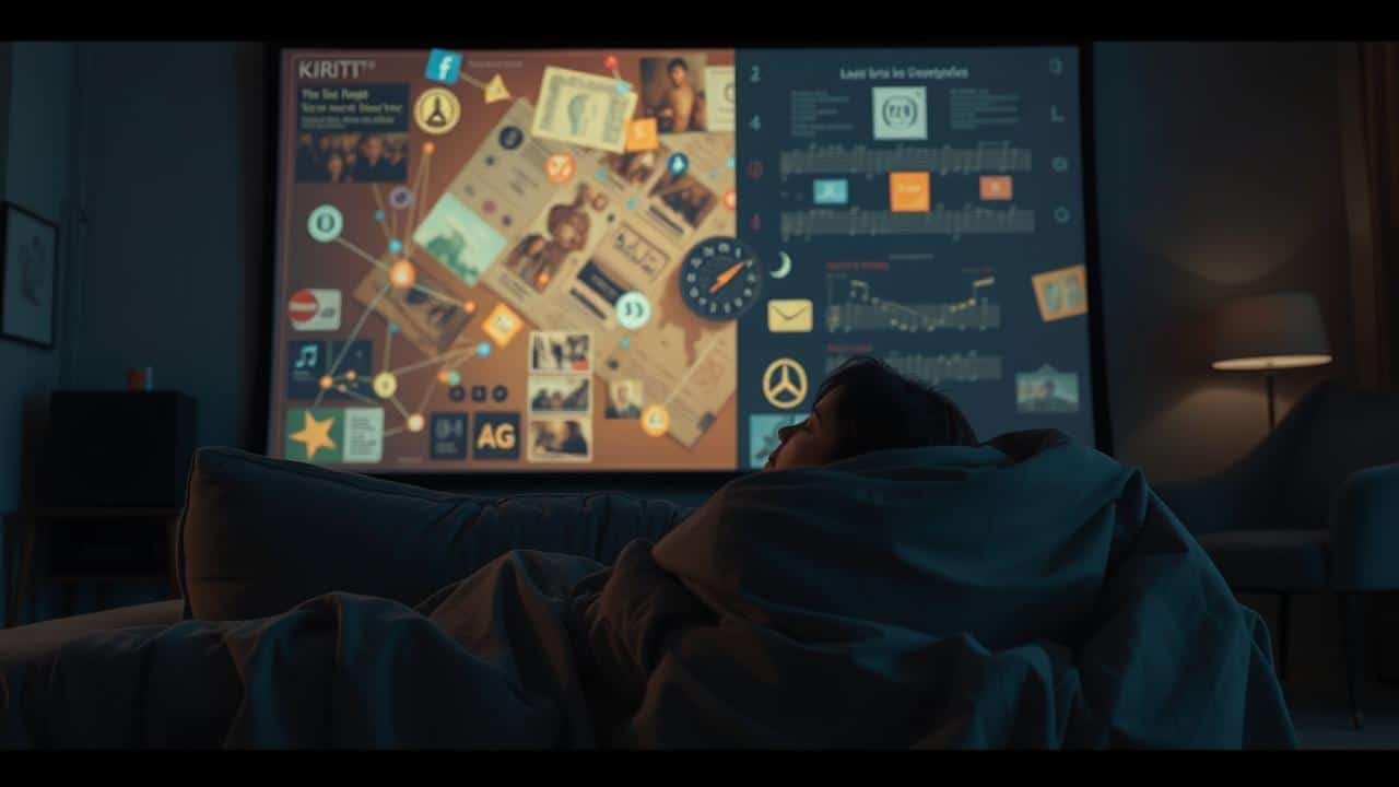 Pessoa assistindo a diversos documentários em uma tela grande, em um ambiente aconchegante.