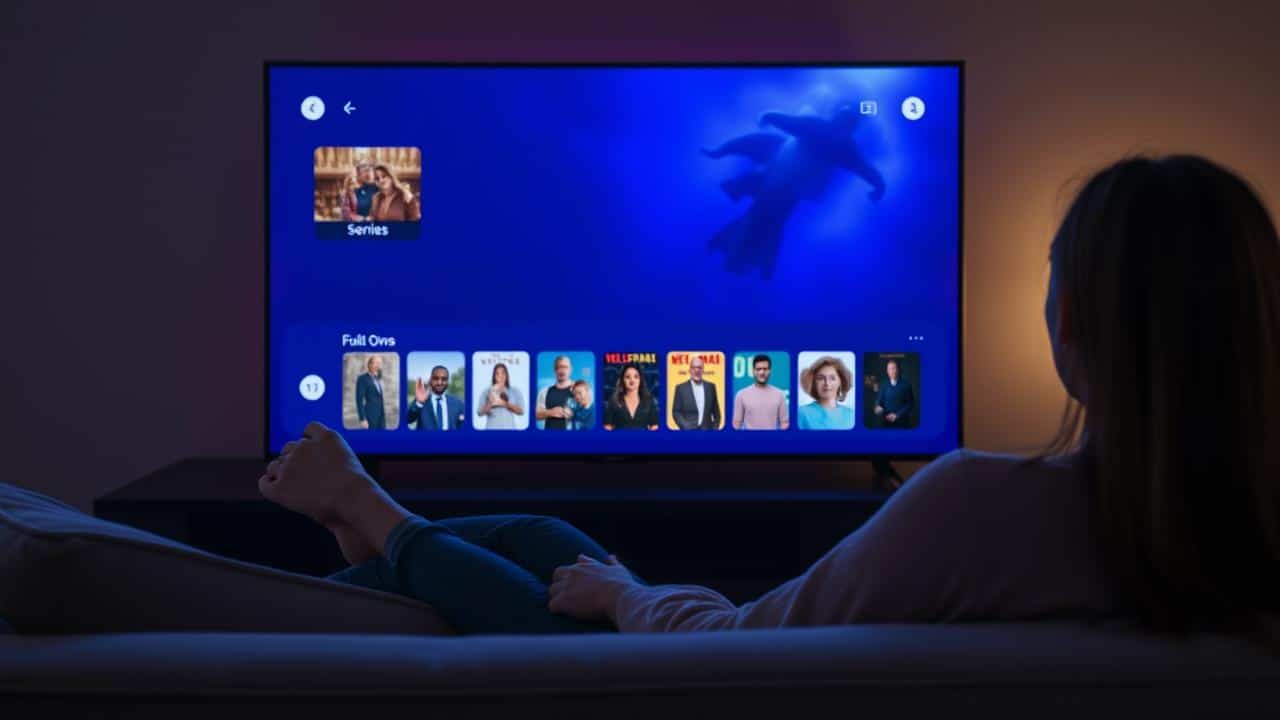 Pessoa navegando na interface da Apple TV+ em uma smart TV.