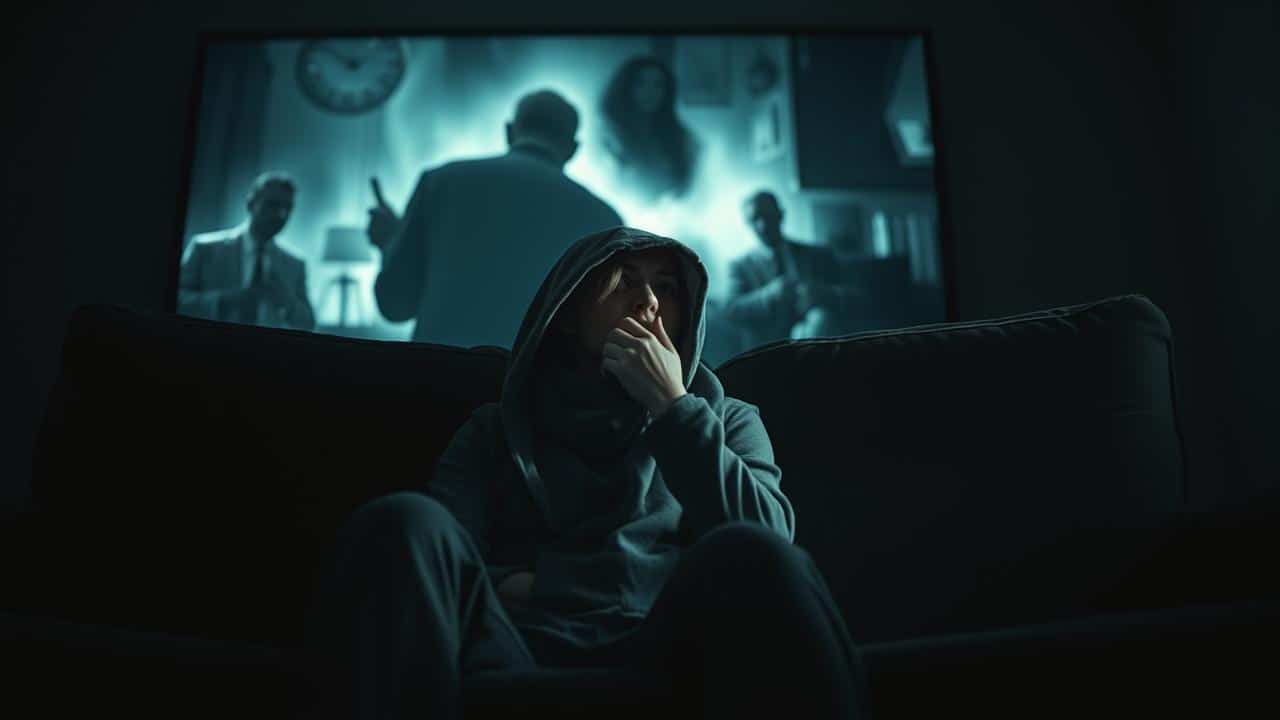 Pessoa assustada no sofá assistindo filme de terror na escuridão.