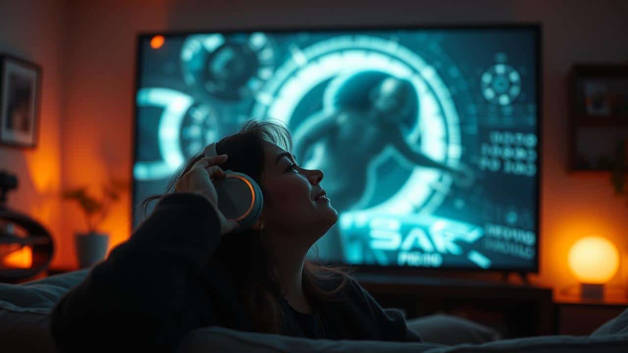 Pessoa imersa assistindo filme de ficção científica com fones de ouvido.