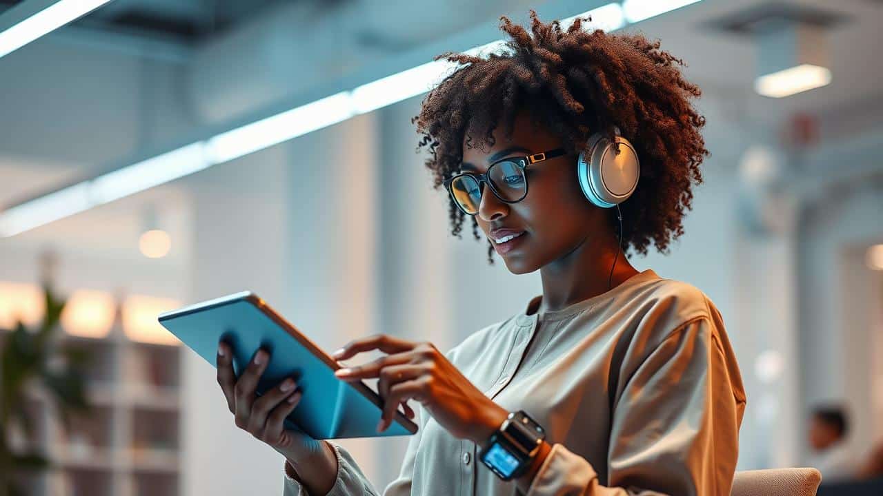 Pessoa moderna interagindo com tecnologia futurista e dispositivos digitais interconectados.