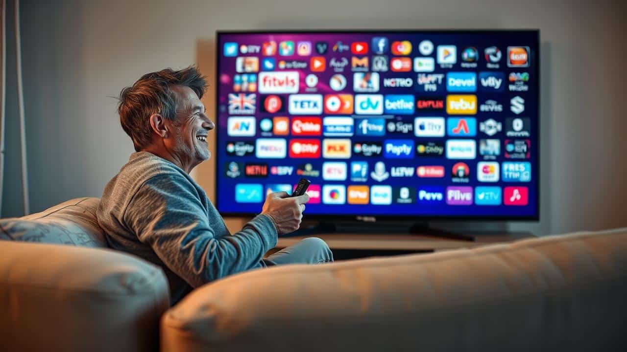 Pessoa relaxando no sofá assistindo a diversos conteúdos (TV ao vivo e streaming) na Claro Box TV.