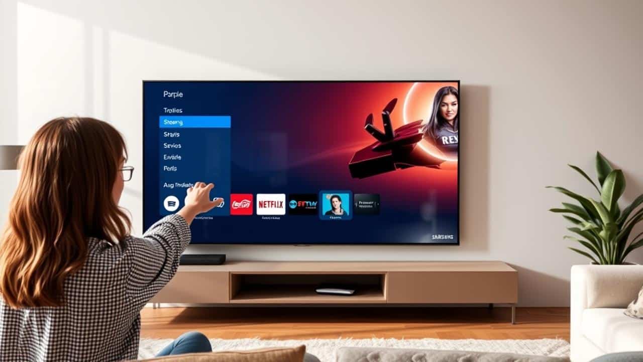 Pessoa usando controle por voz na Smart TV The Frame
