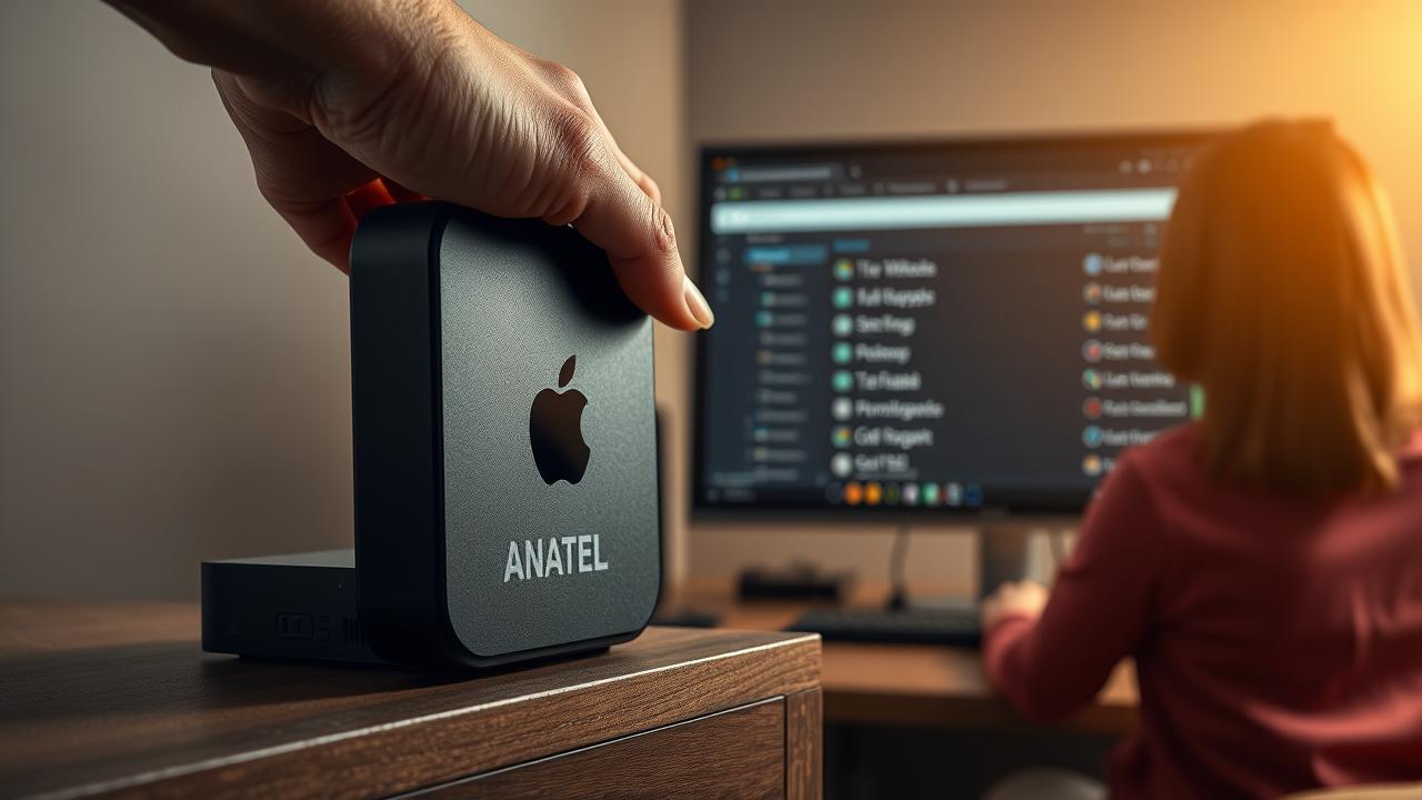 Pessoa verificando o selo da ANATEL em uma TV Box e consultando a lista de homologação online.