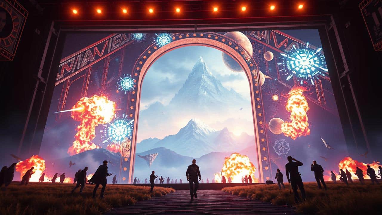 Portal futurista exibindo cenas de filmes épicos.