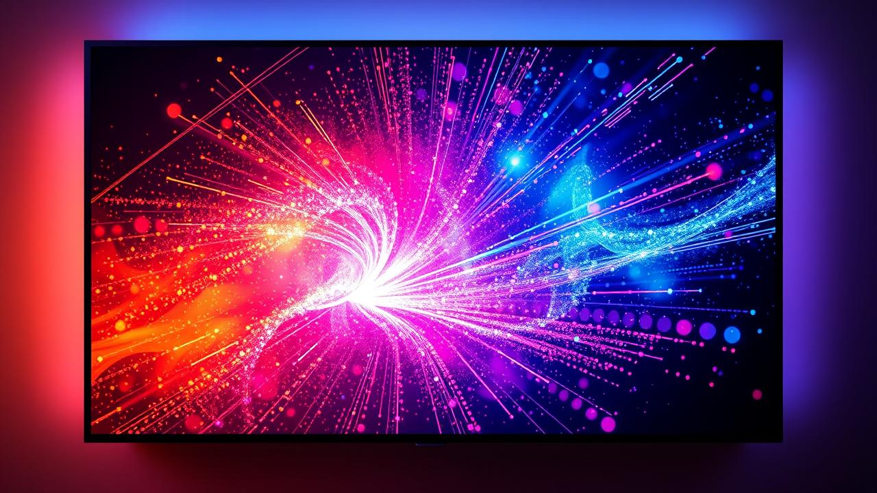 Representação abstrata da tecnologia QLED com pontos quânticos coloridos.
