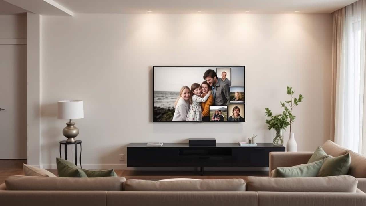 Sala aconchegante com Samsung The Frame no Modo Arte exibindo fotos e obras.