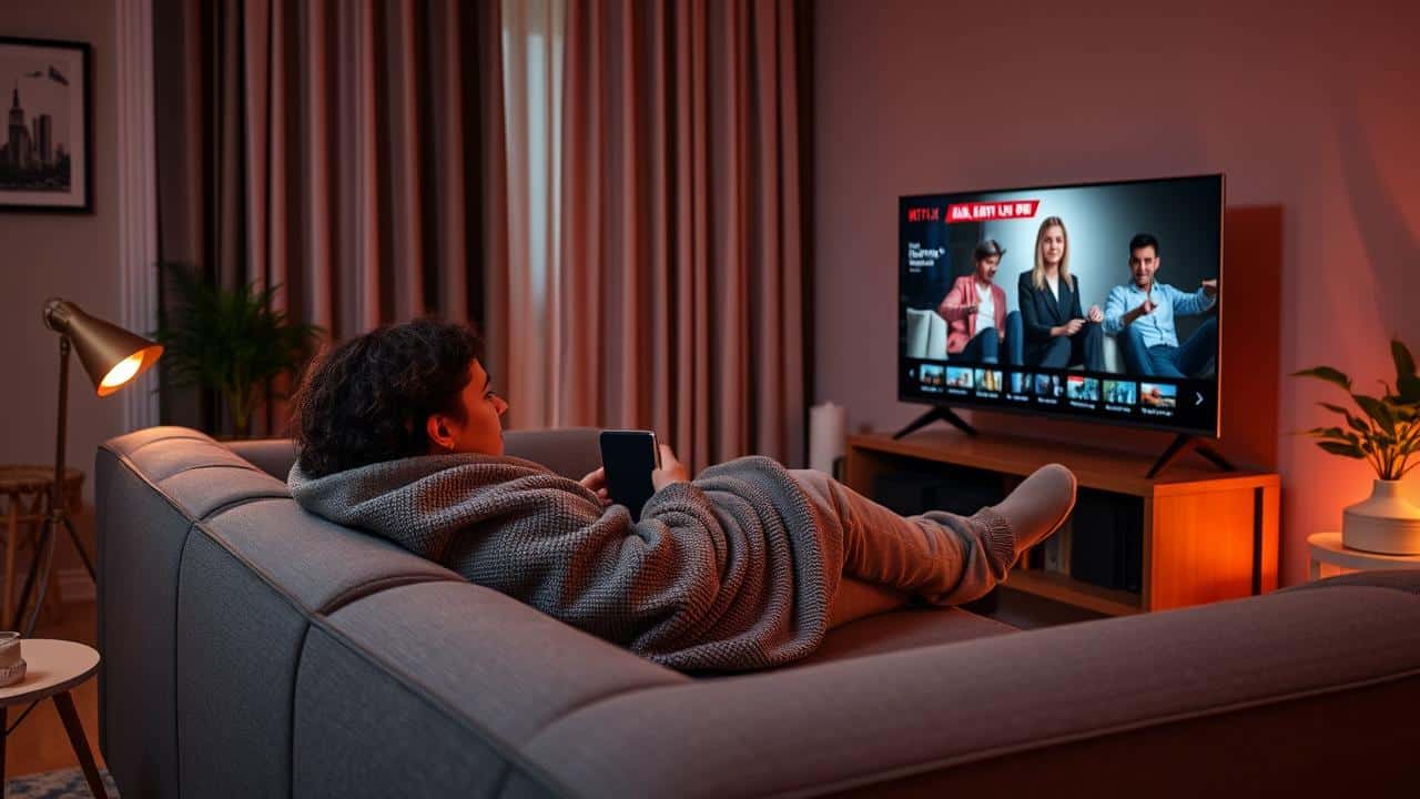 Pessoa assistindo a um filme LGBTQ+ da Netflix em uma sala de estar aconchegante.