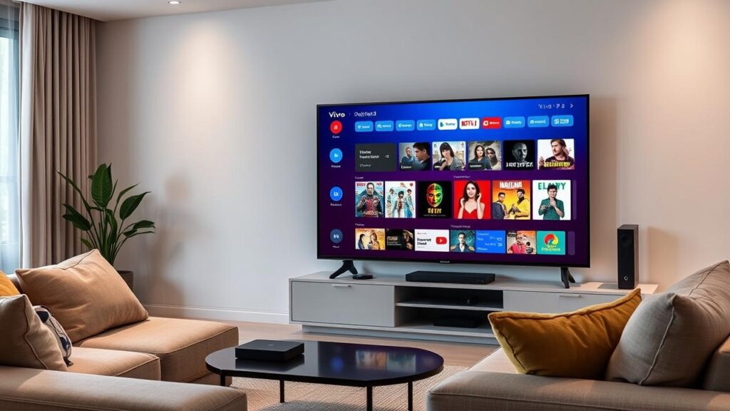 Sala de estar moderna com Smart TV exibindo Vivo Play e BTV Box ao lado.