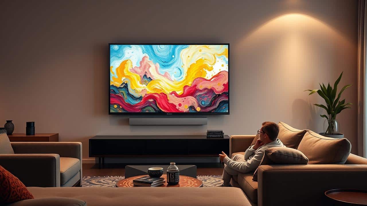 Sala de estar moderna com TV Samsung The Frame exibindo pintura impressionista.