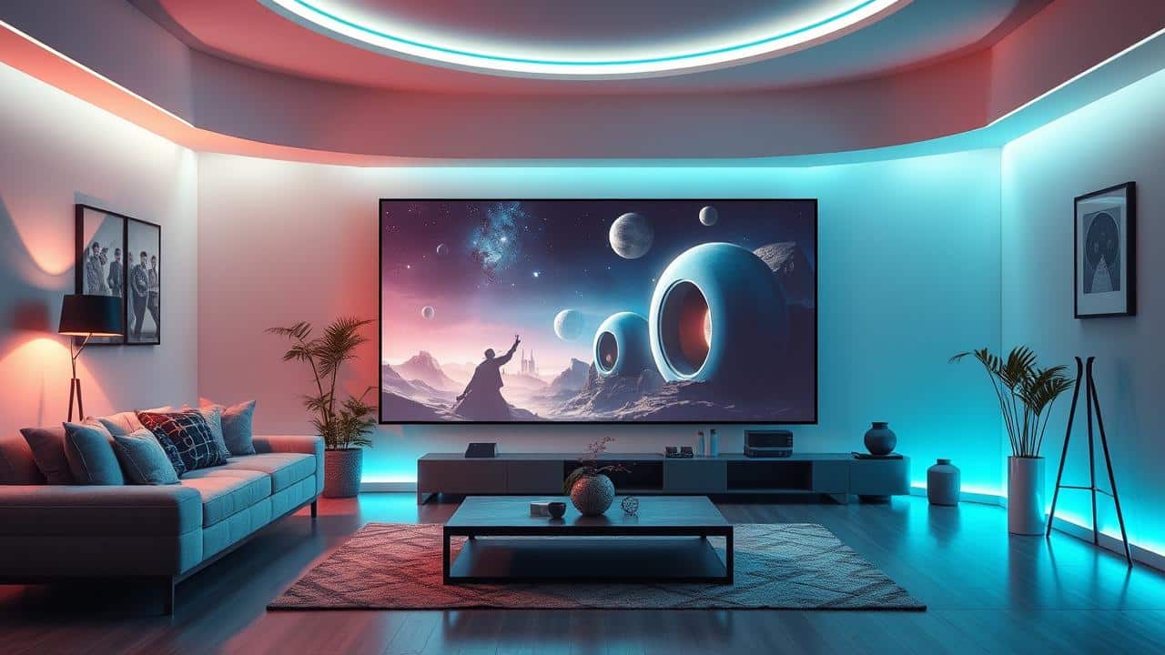 Sala de estar moderna com tela de TV gigante exibindo conteúdos de aventura.