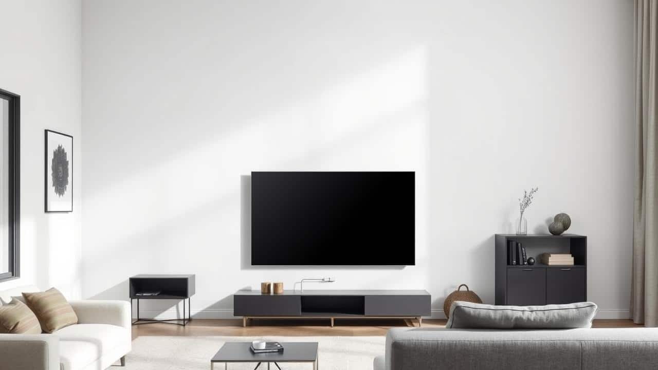 Sala minimalista com Samsung The Frame 50 polegadas e conectividade limpa com One Invisible Connection.
