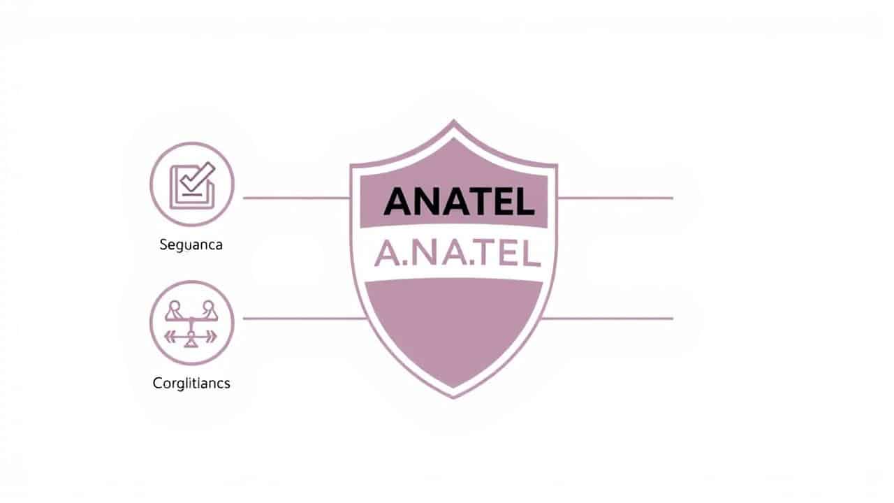 Selo ANATEL estilizado protegendo uma rede doméstica com ícones de segurança, qualidade e conformidade.