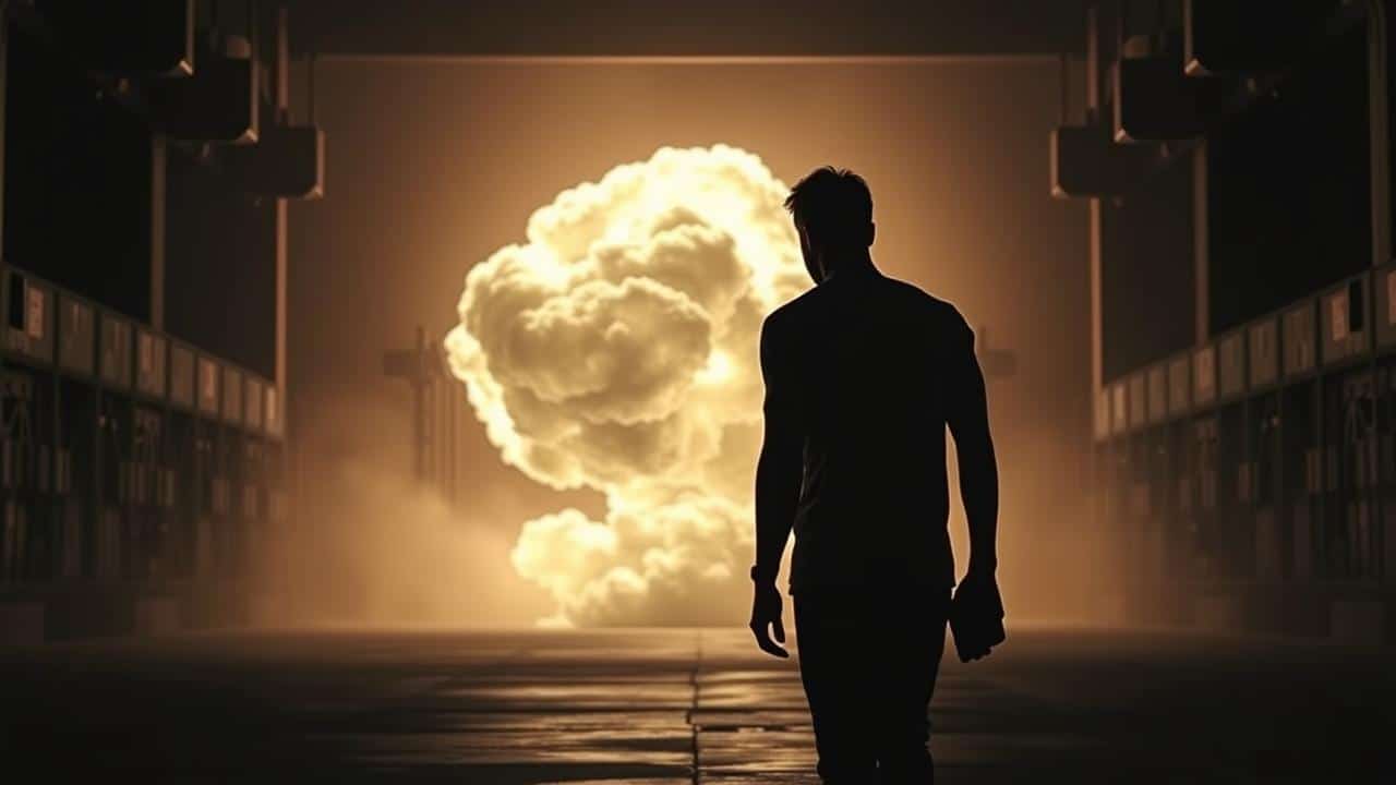 Silhueta de pessoa diante de uma explosão estilizada, sugerindo um filme biográfico intenso.