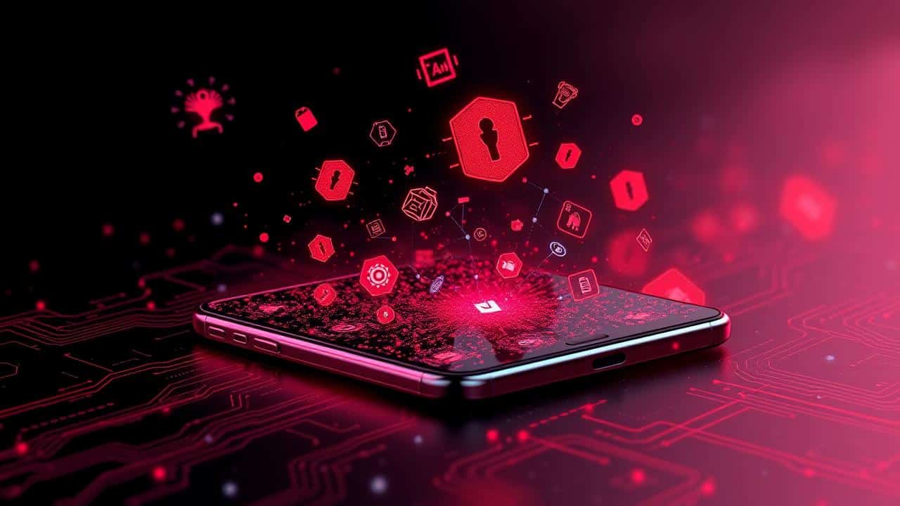 Smartphone atacado por malware e roubo de dados.