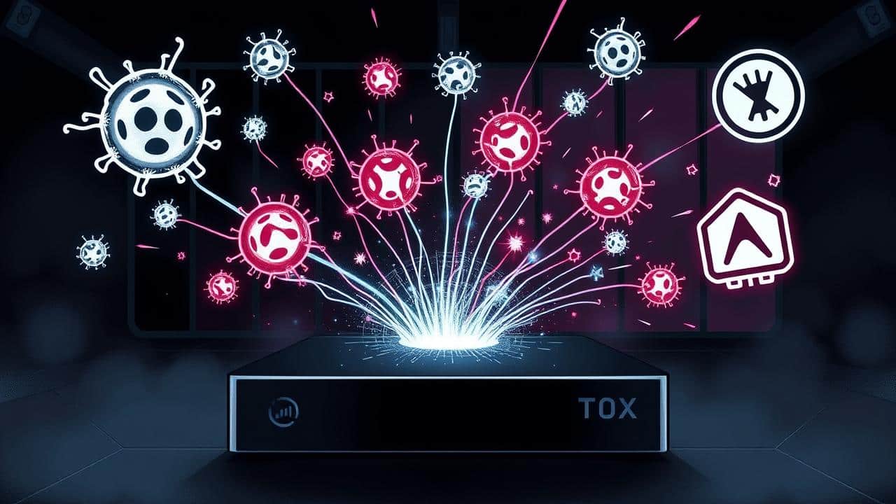 TV Box emitindo malwares em direção a dispositivos digitais, simbolizando roubo de dados.