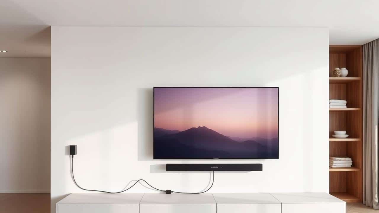 TV Samsung The Frame montada rente à parede com um único cabo discreto e caixa One Connect.