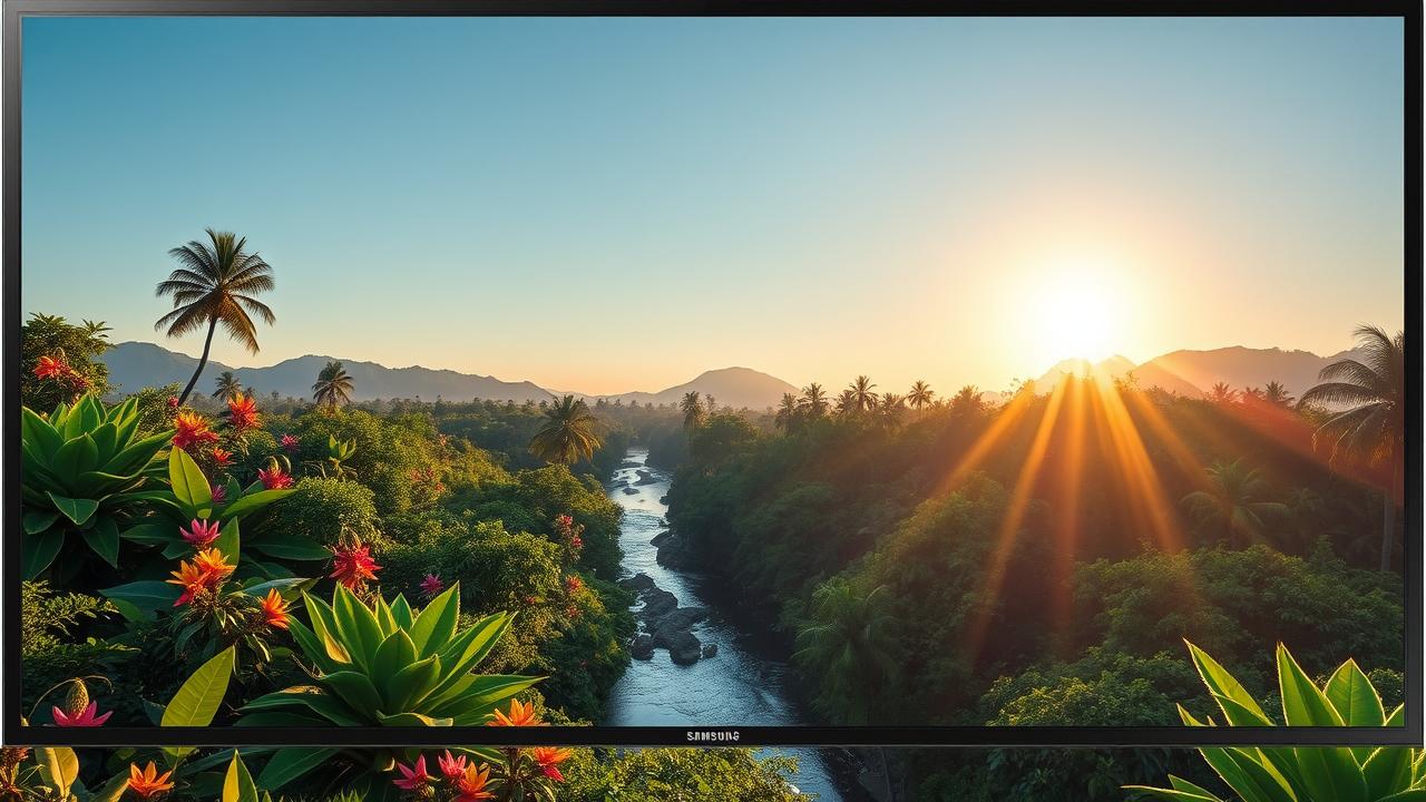 Tela da Samsung The Frame 50 exibindo paisagem vibrante em 4K QLED com cores intensas.