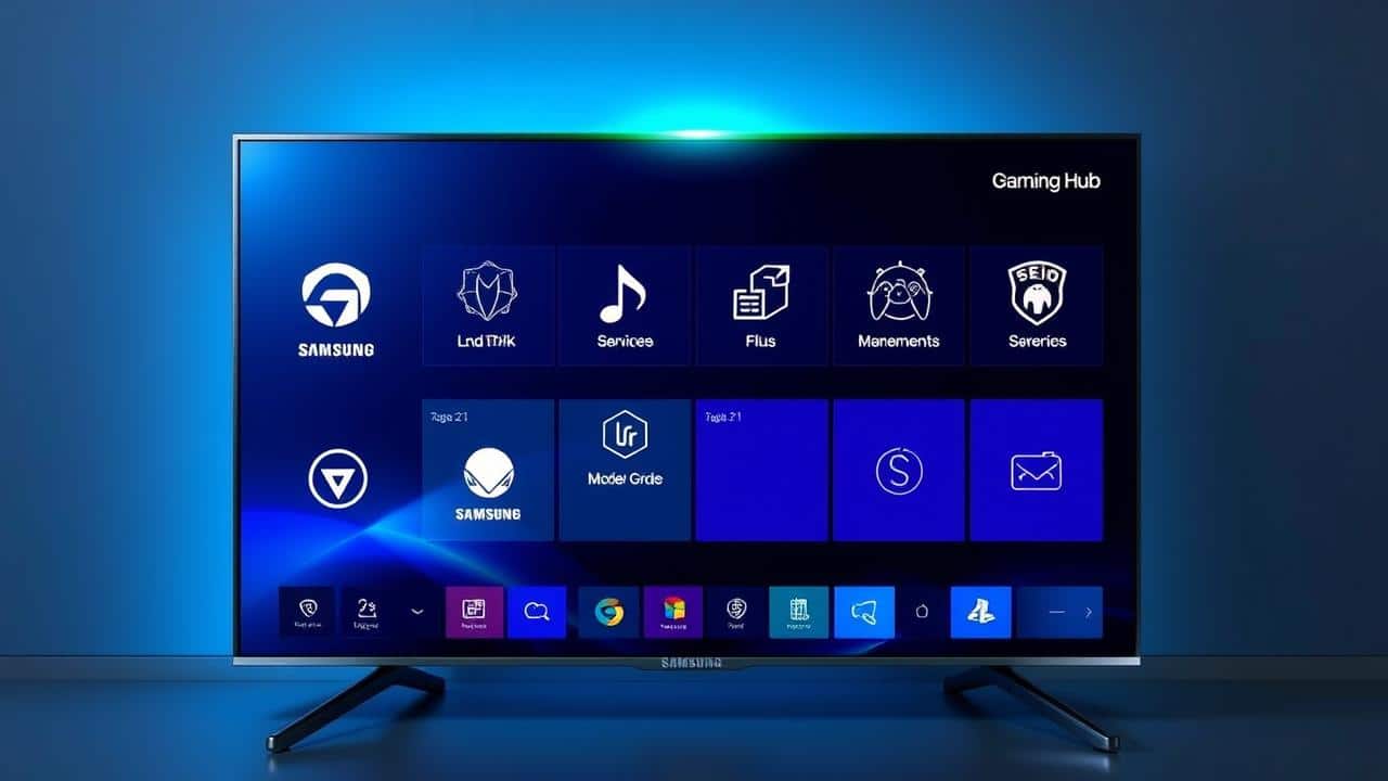Tela da TV Samsung exibindo o Samsung Gaming Hub e um brilho verde indicando Modo Jogo.