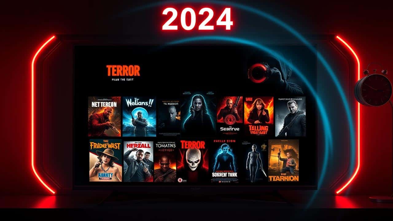 Tela digital exibindo pôsteres de filmes de terror atualizados com brilho neon.